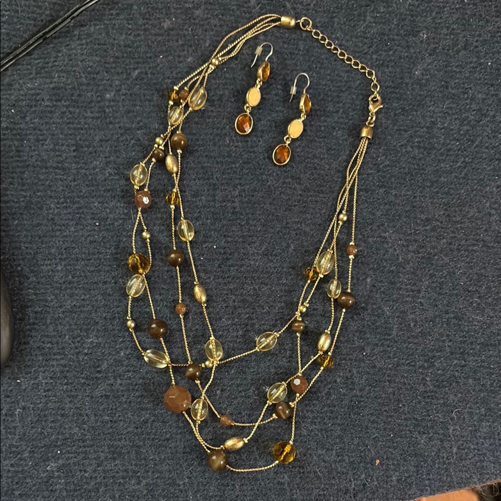Gold and Brown Multi-Strand Necklace with Amber Beads
